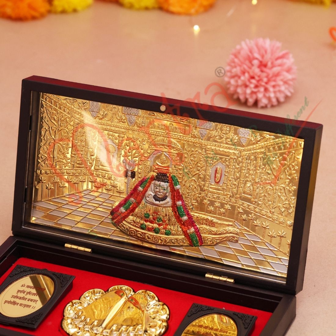 Deluxe Gold Plated Somnath Jyotirlinga 3D Frame Box – Premium ABS Polymer Mahadev Shivling Souvenir with Charan Paduka for Home Mandir & Office Decor