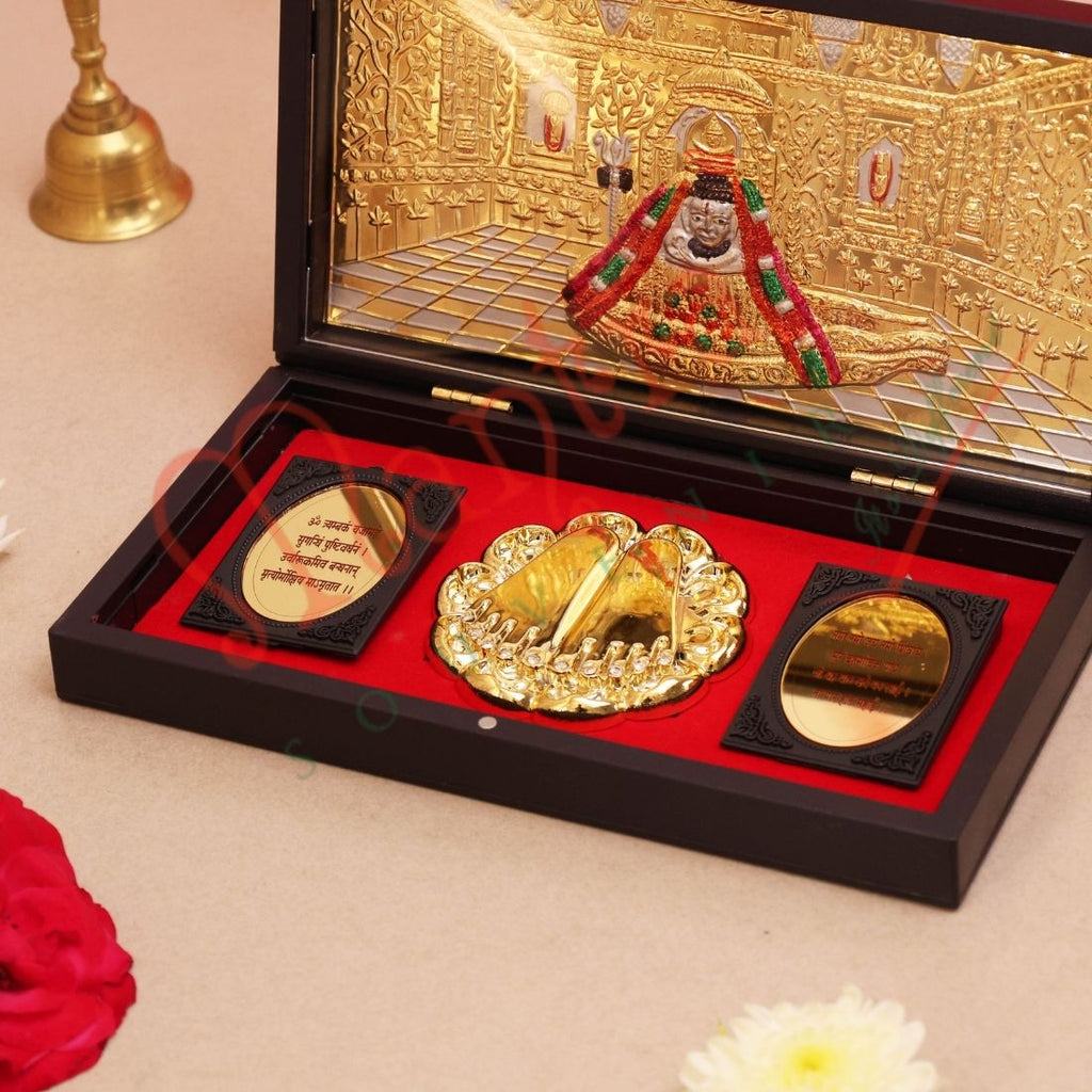 Deluxe Gold Plated Somnath Jyotirlinga 3D Frame Box – Premium ABS Polymer Mahadev Shivling Souvenir with Charan Paduka for Home Mandir & Office Decor