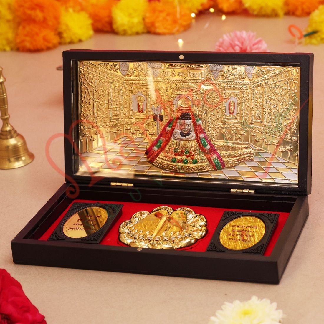 Deluxe Gold Plated Somnath Jyotirlinga 3D Frame Box – Premium ABS Polymer Mahadev Shivling Souvenir with Charan Paduka for Home Mandir & Office Decor