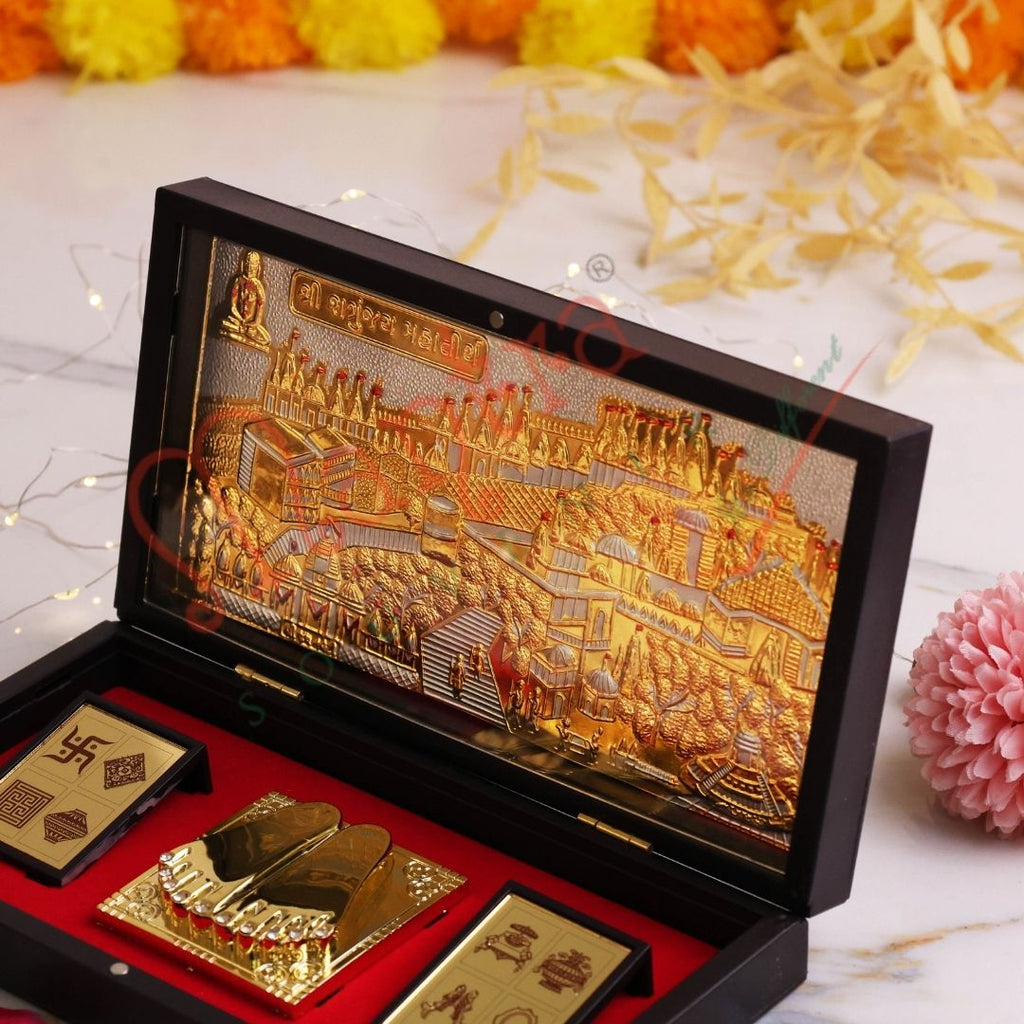 Gold Plated Shikharji Mahatirth Charan Paduka Box – Premium ABS Polymer Jain Tirth Souvenir for Home Mandir & Office – Divine Sammet Shikharji Blessing Gift & Religious Decor