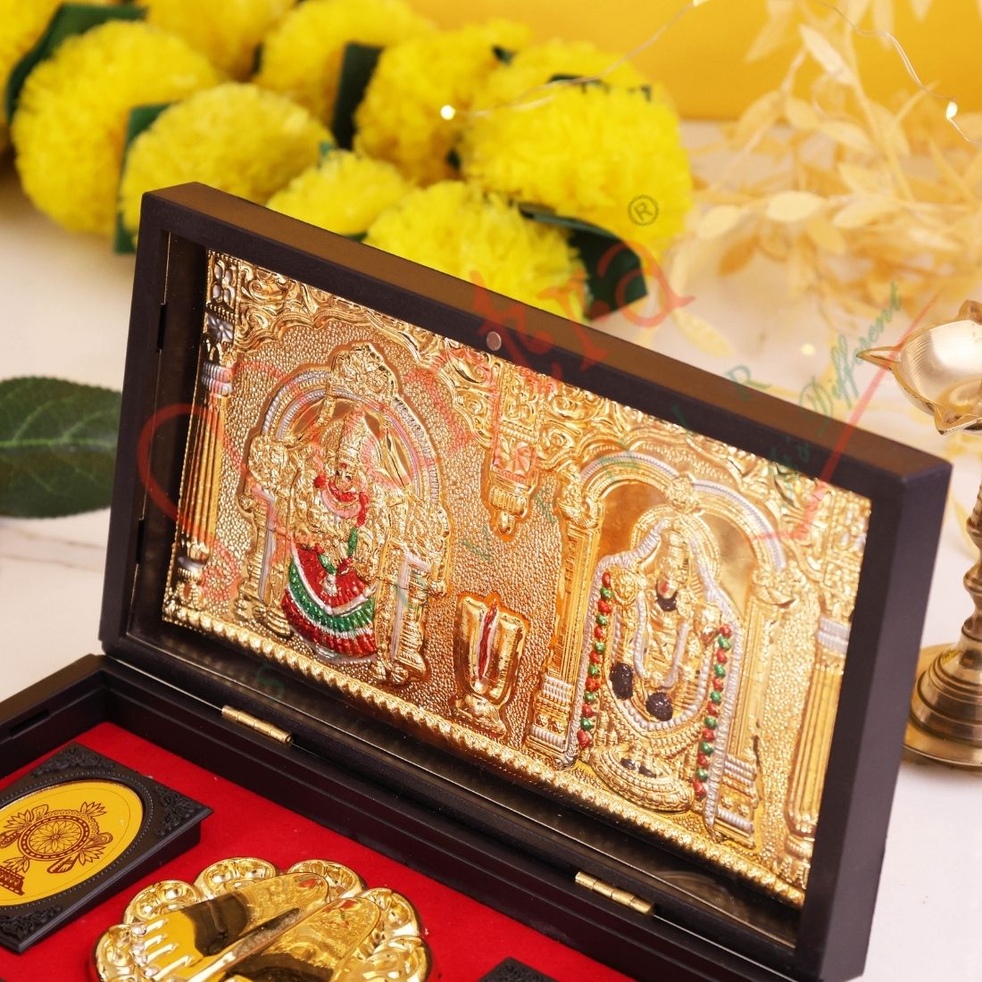 Deluxe Gold Plated Tilak Balaji 3D Frame Box – Premium ABS Polymer Tirupati Venkateswara Souvenir with Charan Paduka for Home Mandir & Office