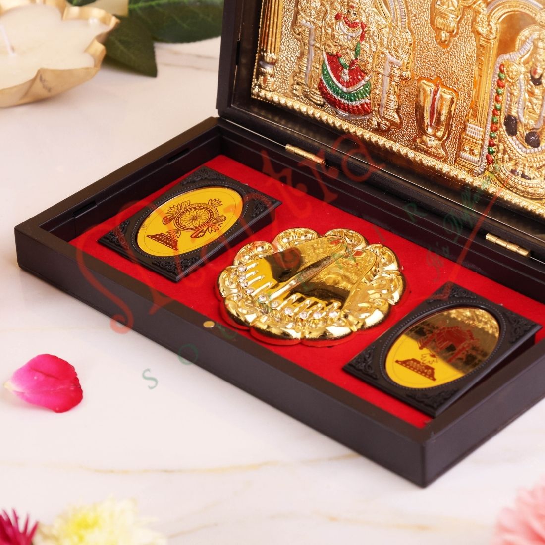 Deluxe Gold Plated Tilak Balaji 3D Frame Box – Premium ABS Polymer Tirupati Venkateswara Souvenir with Charan Paduka for Home Mandir & Office