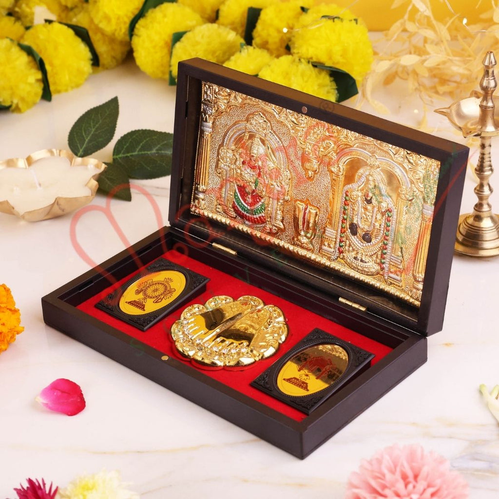 Deluxe Gold Plated Tilak Balaji 3D Frame Box – Premium ABS Polymer Tirupati Venkateswara Souvenir with Charan Paduka for Home Mandir & Office