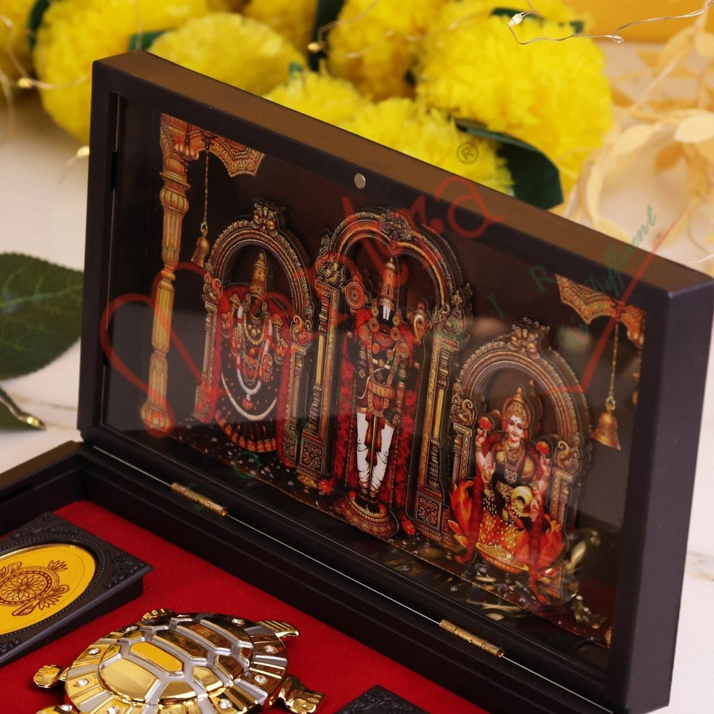 Deluxe 3D Tirupati Balaji & Lakshmi Devi Spiritual Gift Box with Gold Plated Vastu Tortoise – ABS Polymer Devotional Frame for Wealth, Prosperity & Success