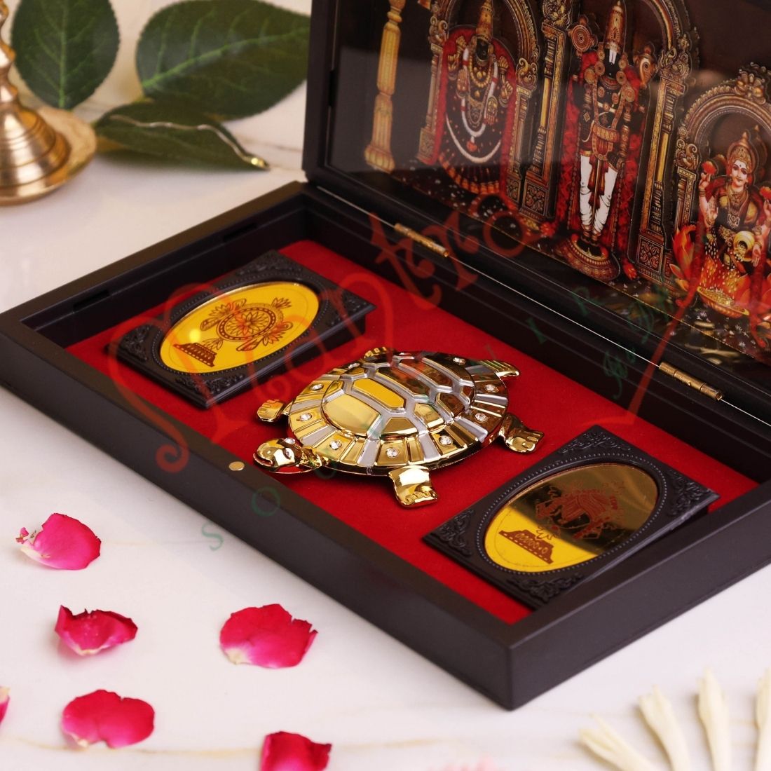 Deluxe 3D Tirupati Balaji & Lakshmi Devi Spiritual Gift Box with Gold Plated Vastu Tortoise – ABS Polymer Devotional Frame for Wealth, Prosperity & Success