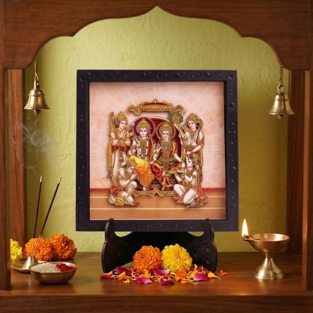 Classic 3D Ram Parivar Photo Frame for Home Decor | ABS Polymer Decorative Lord Ram Family Frame with Stand | Ram Darbar Religious Photo Frame for Pooja Room Mandir Decoration | Spiritual Gift Item
