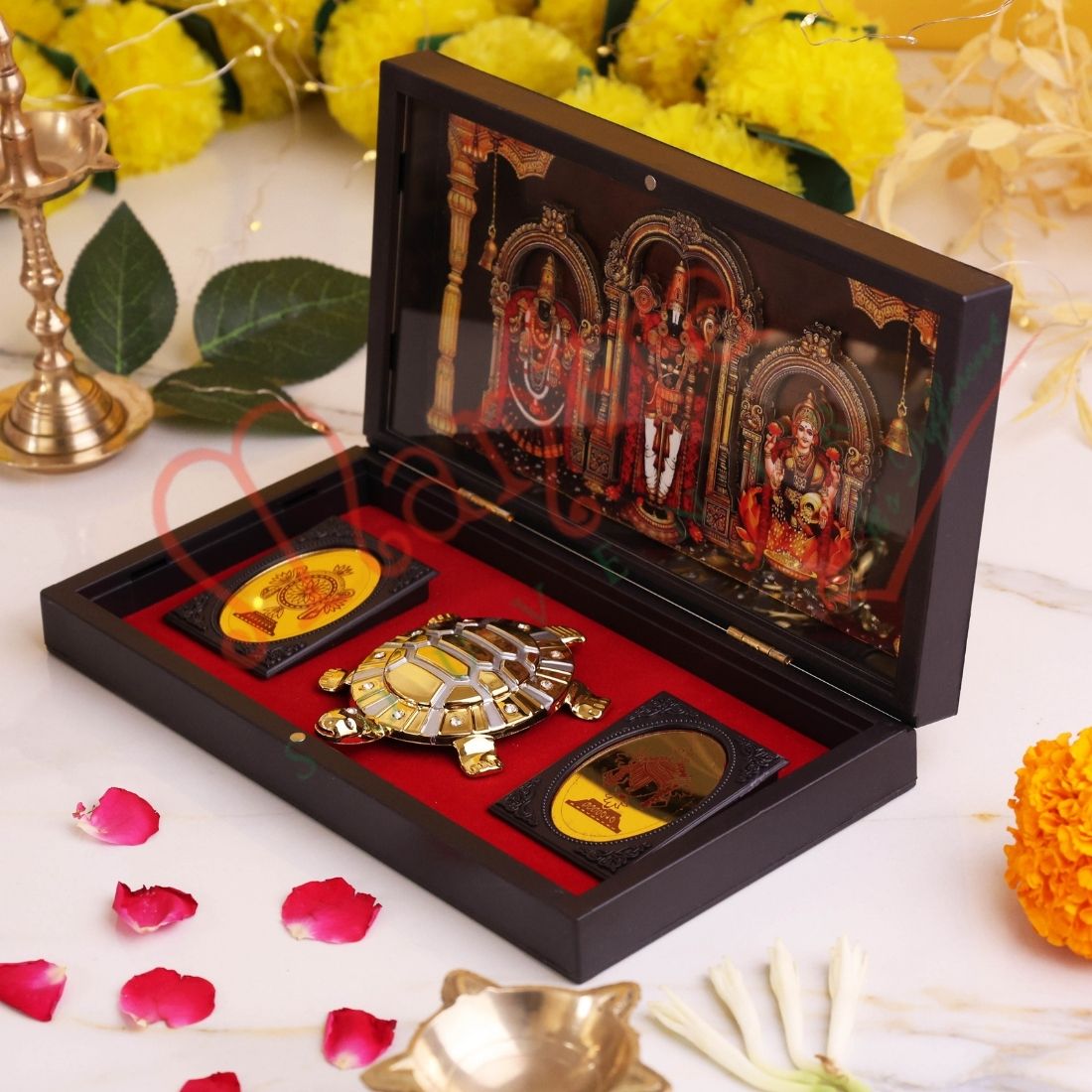 Deluxe 3D Tirupati Balaji & Lakshmi Devi Spiritual Gift Box with Gold Plated Vastu Tortoise – ABS Polymer Devotional Frame for Wealth, Prosperity & Success