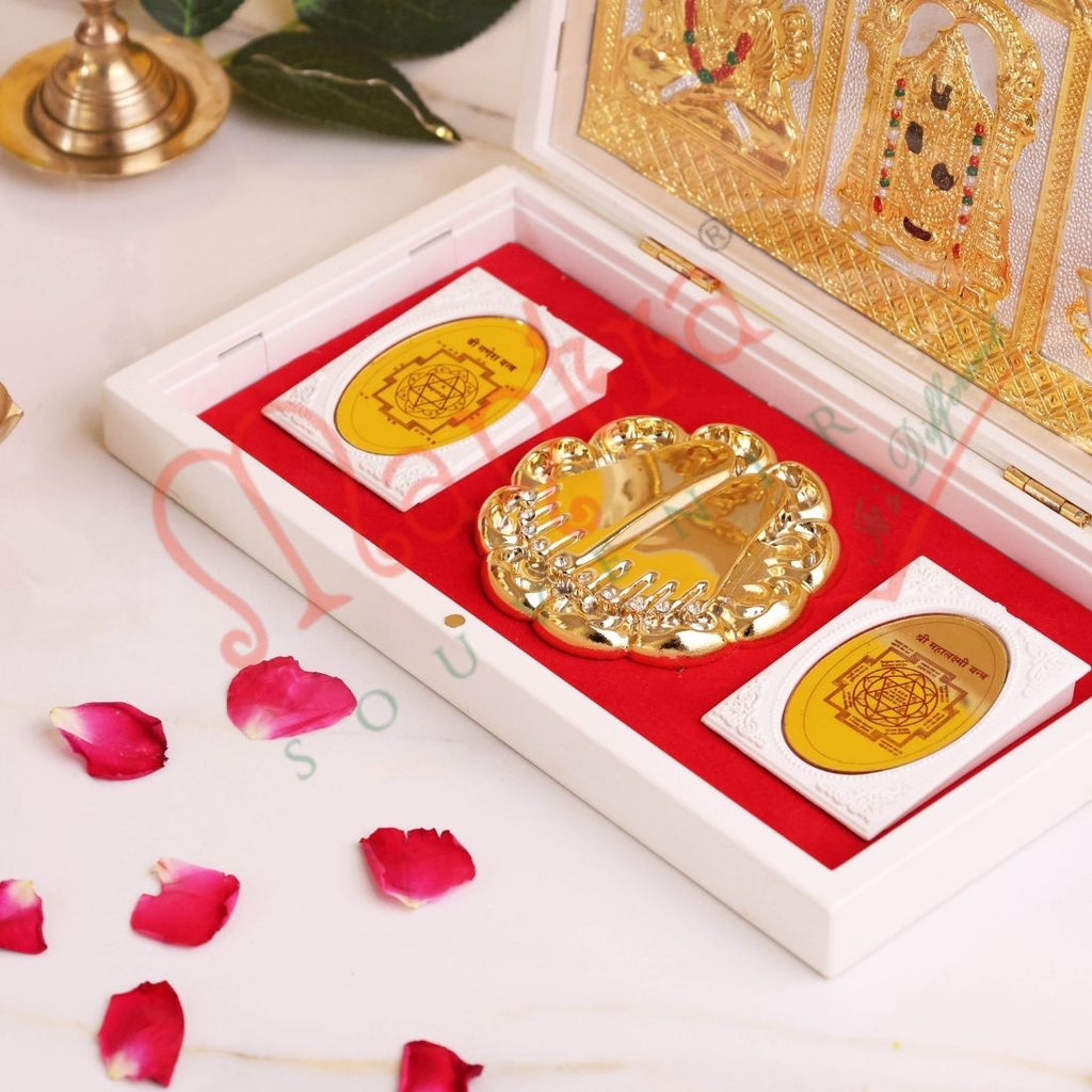 Marvel 3-in-1 Gold Plated Lakshmi Ganesha Balaji 3D Frame with Charan Paduka – ABS Polymer Devotional Gift Box for Prosperity, Luck & Spiritual Protection