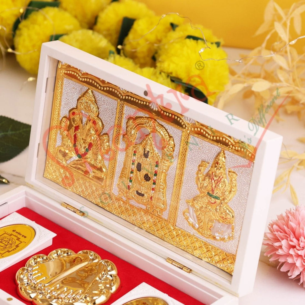 Marvel 3-in-1 Gold Plated Lakshmi Ganesha Balaji 3D Frame with Charan Paduka – ABS Polymer Devotional Gift Box for Prosperity, Luck & Spiritual Protection