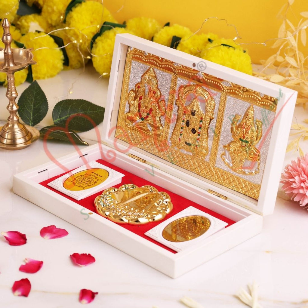 Marvel 3-in-1 Gold Plated Lakshmi Ganesha Balaji 3D Frame with Charan Paduka – ABS Polymer Devotional Gift Box for Prosperity, Luck & Spiritual Protection