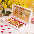 Marvel 3-in-1 Gold Plated Lakshmi Ganesha Balaji 3D Frame with Charan Paduka – ABS Polymer Devotional Gift Box for Prosperity, Luck & Spiritual Protection