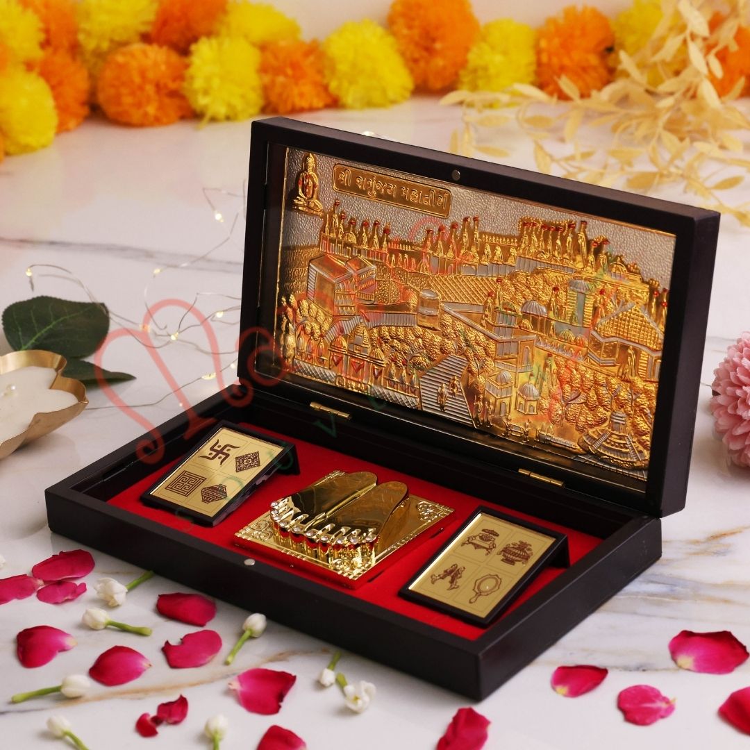 Gold Plated Shikharji Mahatirth Charan Paduka Box – Premium ABS Polymer Jain Tirth Souvenir for Home Mandir & Office – Divine Sammet Shikharji Blessing Gift & Religious Decor