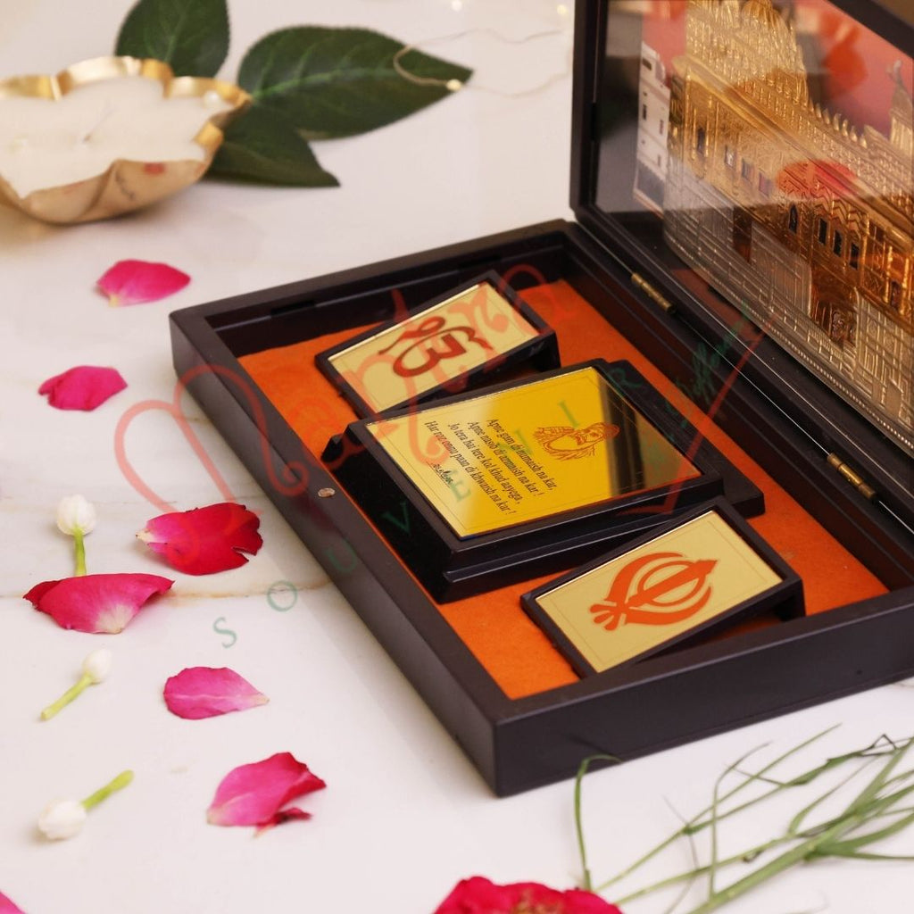 Deluxe 3D Golden Temple Amritsar Spiritual Gift Box – Gold Plated ABS Polymer Sri Harmandir Sahib Frame with Ik Onkar & Khanda Symbols for Home, Office & Gifting