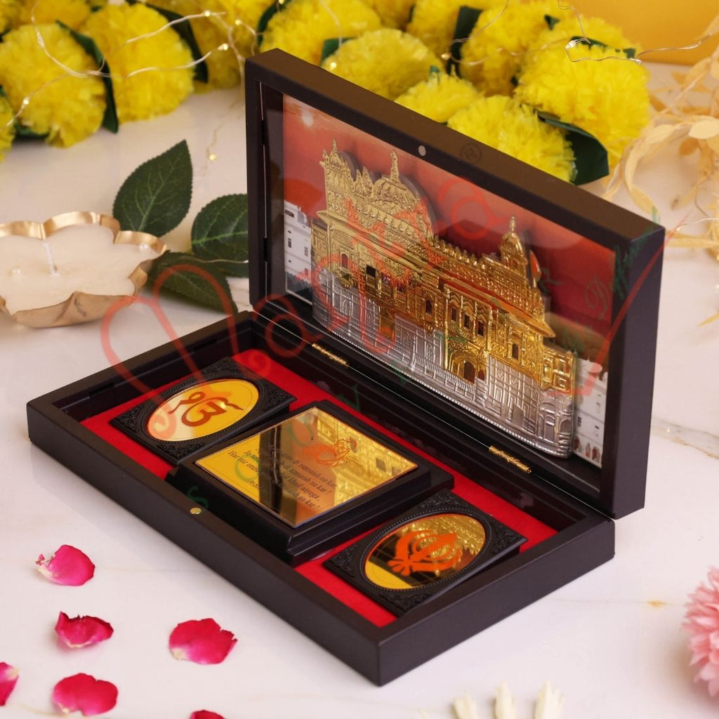 3D Gold Plated Golden Temple (Sri Harmandir Sahib) Frame Box – Premium ABS Polymer Sikh Spiritual Decor with Ek Onkar & Khanda – Divine Blessing Gift for Home & Office