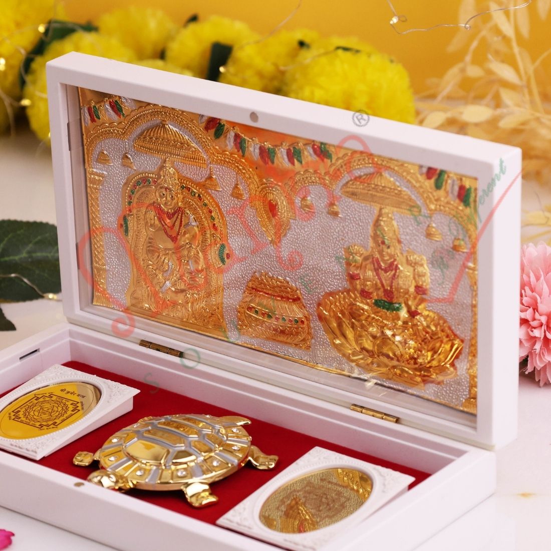 Gold Plated Kuber Laxmi & Vastu Tortoise Spiritual Frame Box - Premium ABS Polymer Decorative Box for Wealth & Prosperity