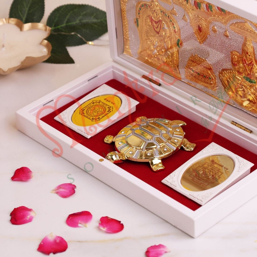 Gold Plated Kuber Laxmi & Vastu Tortoise Spiritual Frame Box - Premium ABS Polymer Decorative Box for Wealth & Prosperity