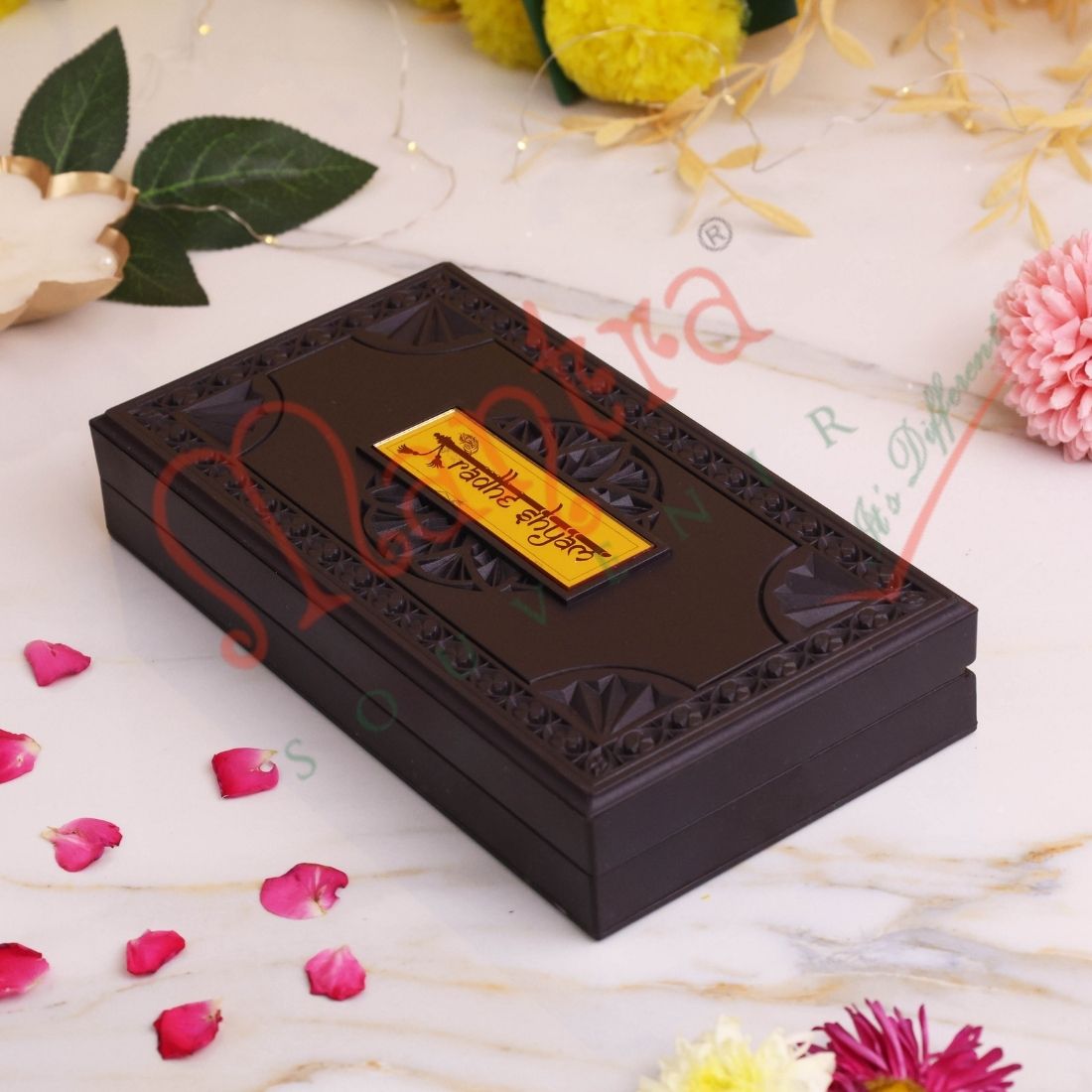Gold Plated Radha Krishna Divine Charan Paduka Frame Box – Premium ABS Polymer Spiritual Decor for Love, Peace & Harmony