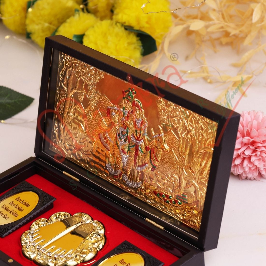 Gold Plated Radha Krishna Divine Charan Paduka Frame Box – Premium ABS Polymer Spiritual Decor for Love, Peace & Harmony