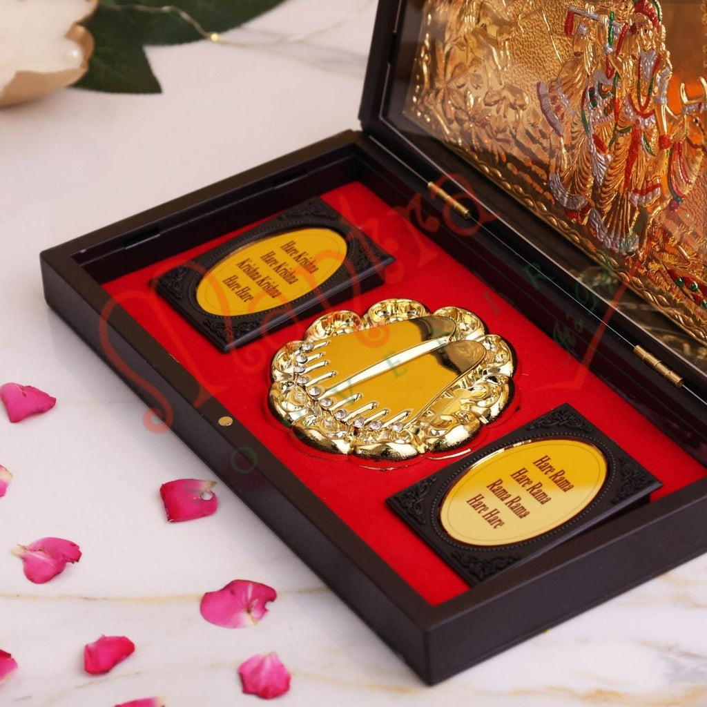 Gold Plated Radha Krishna Divine Charan Paduka Frame Box – Premium ABS Polymer Spiritual Decor for Love, Peace & Harmony