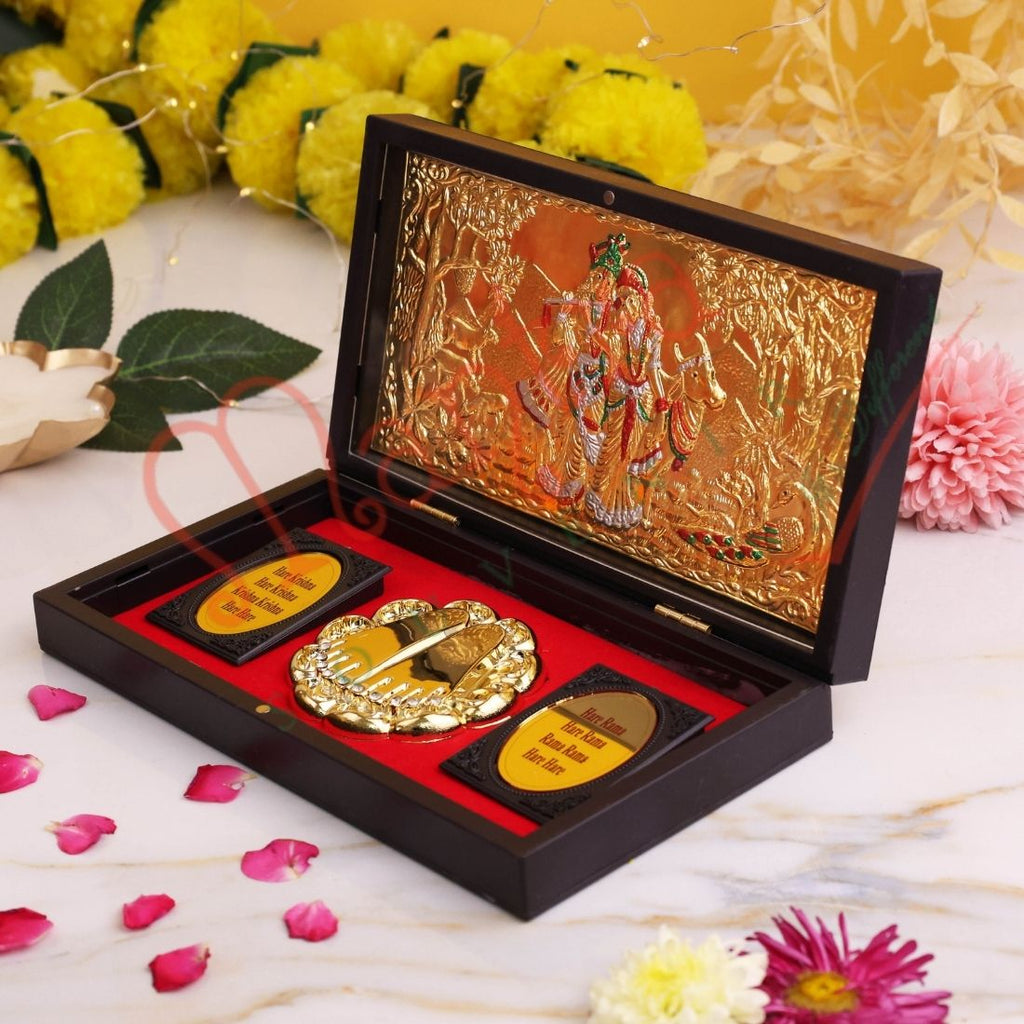 Gold Plated Radha Krishna Divine Charan Paduka Frame Box – Premium ABS Polymer Spiritual Decor for Love, Peace & Harmony