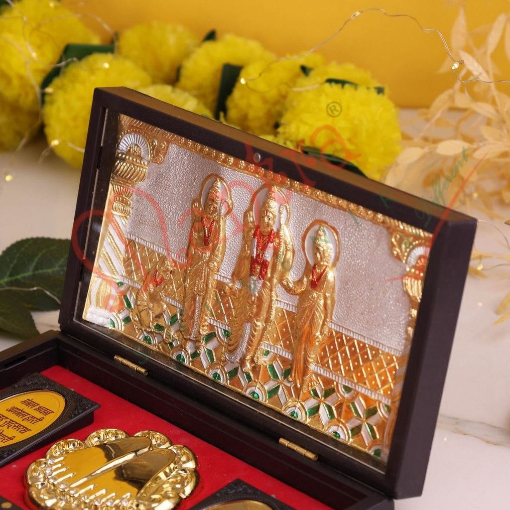 Deluxe Ram Darbar Charan Paduka Box – Gold Plated & Ram Raksha Stotra – Premium ABS Polymer Spiritual Gift for Home, Mandir & Office