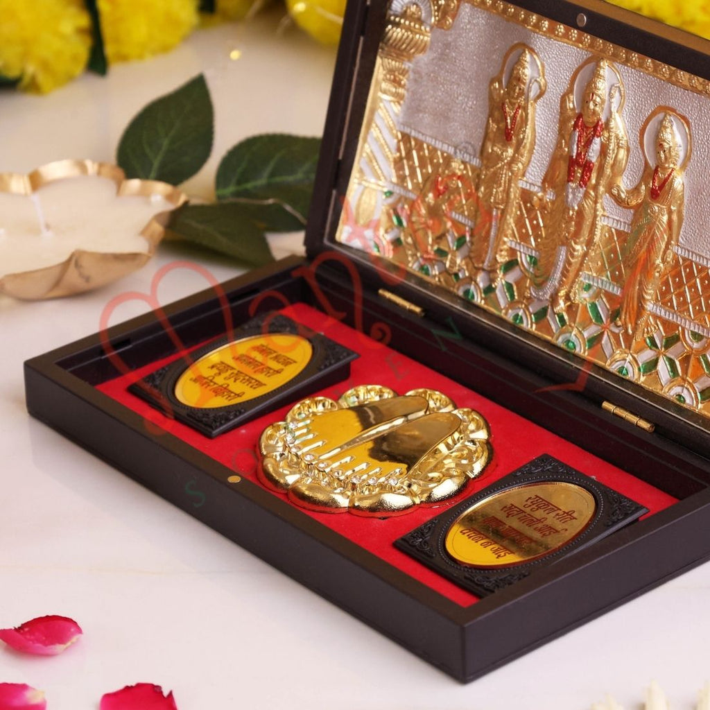 Deluxe Ram Darbar Charan Paduka Box – Gold Plated & Ram Raksha Stotra – Premium ABS Polymer Spiritual Gift for Home, Mandir & Office