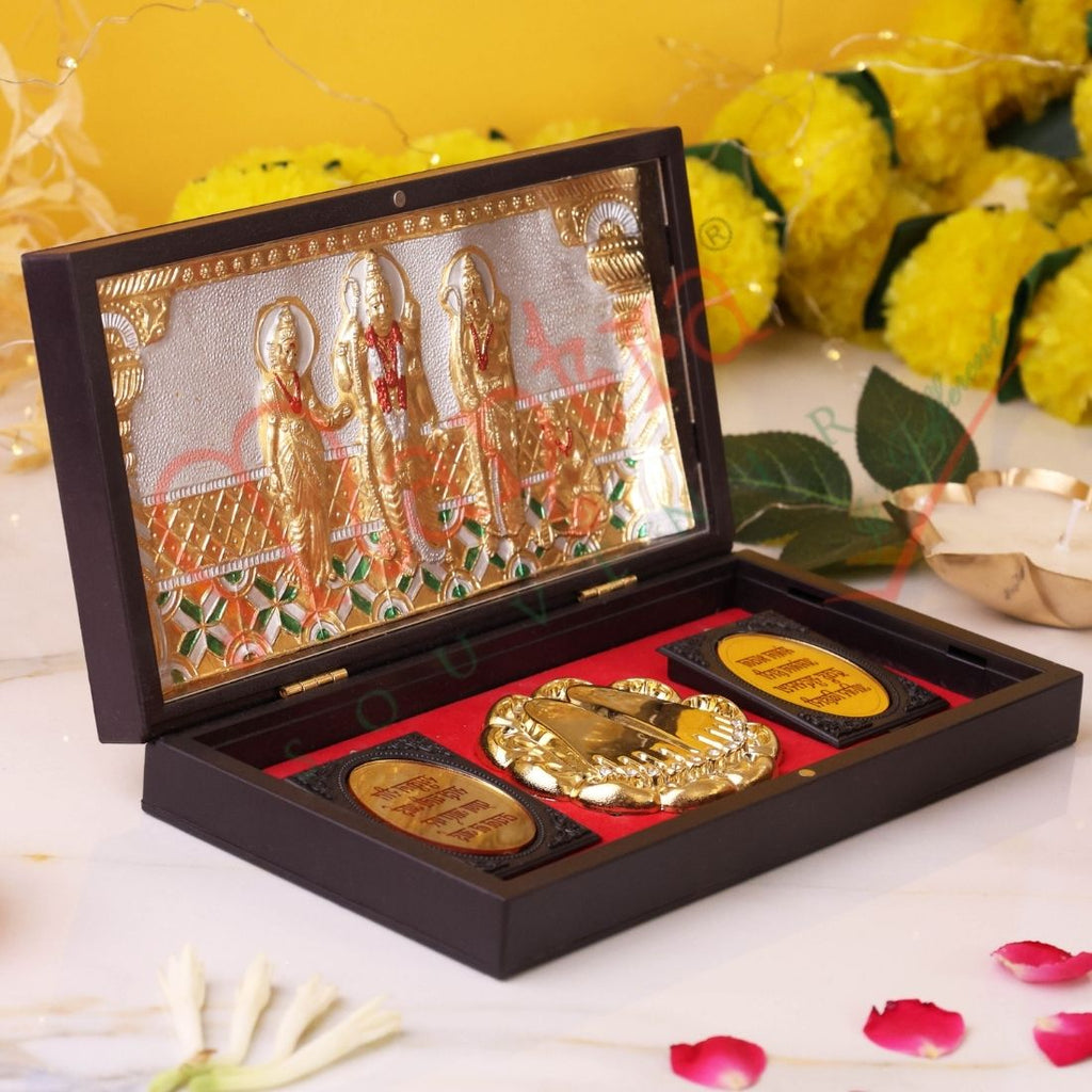 Deluxe Ram Darbar Charan Paduka Box – Gold Plated & Ram Raksha Stotra – Premium ABS Polymer Spiritual Gift for Home, Mandir & Office