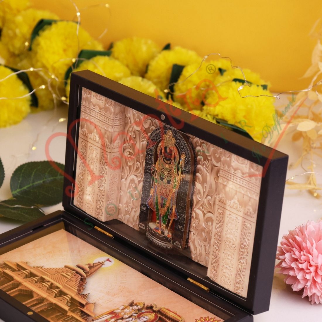 Deluxe 3D Ayodhya Ram Lalla & Ram Parivar Spiritual Gift Box – Gold Plated ABS Polymer Ram Mandir Frame with Ram Darbar Art for Home Mandir, Office & Gifting