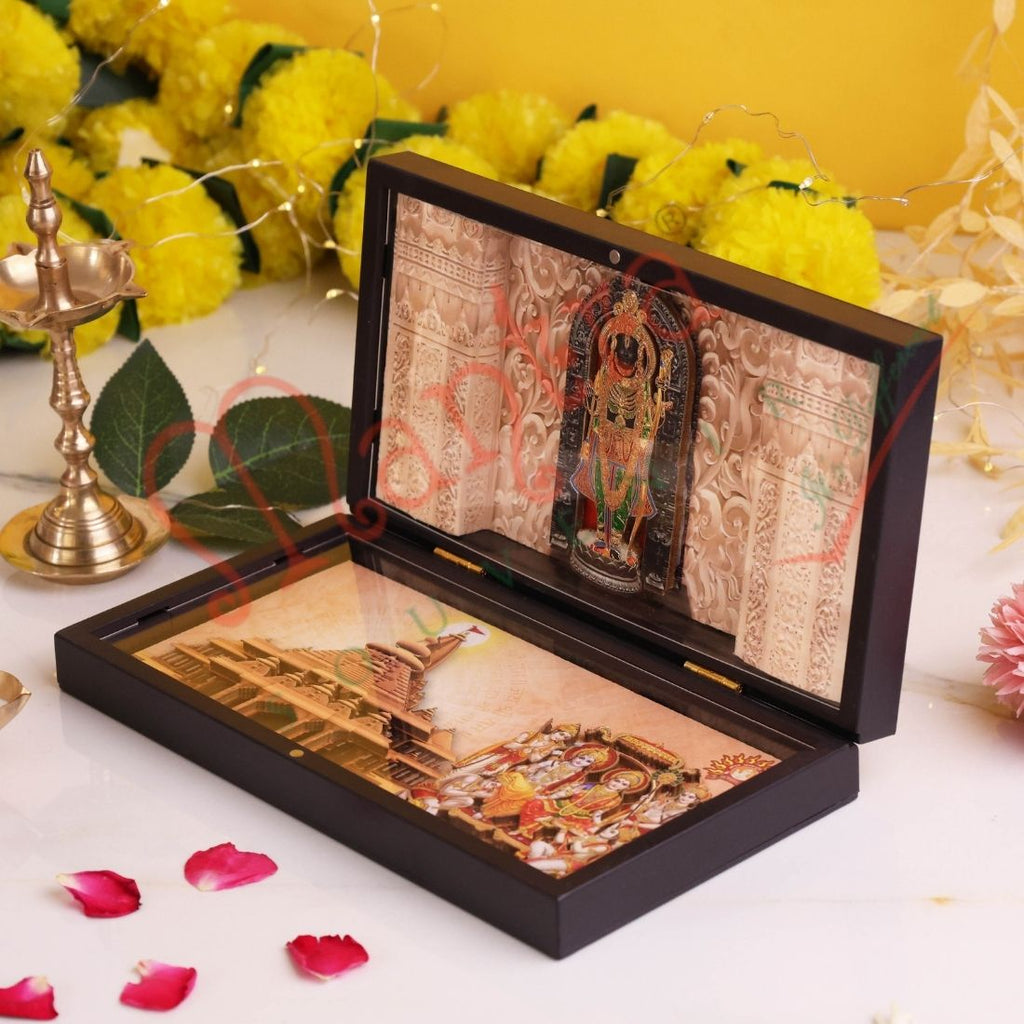 Deluxe 3D Ayodhya Ram Lalla & Ram Parivar Spiritual Gift Box – Gold Plated ABS Polymer Ram Mandir Frame with Ram Darbar Art for Home Mandir, Office & Gifting