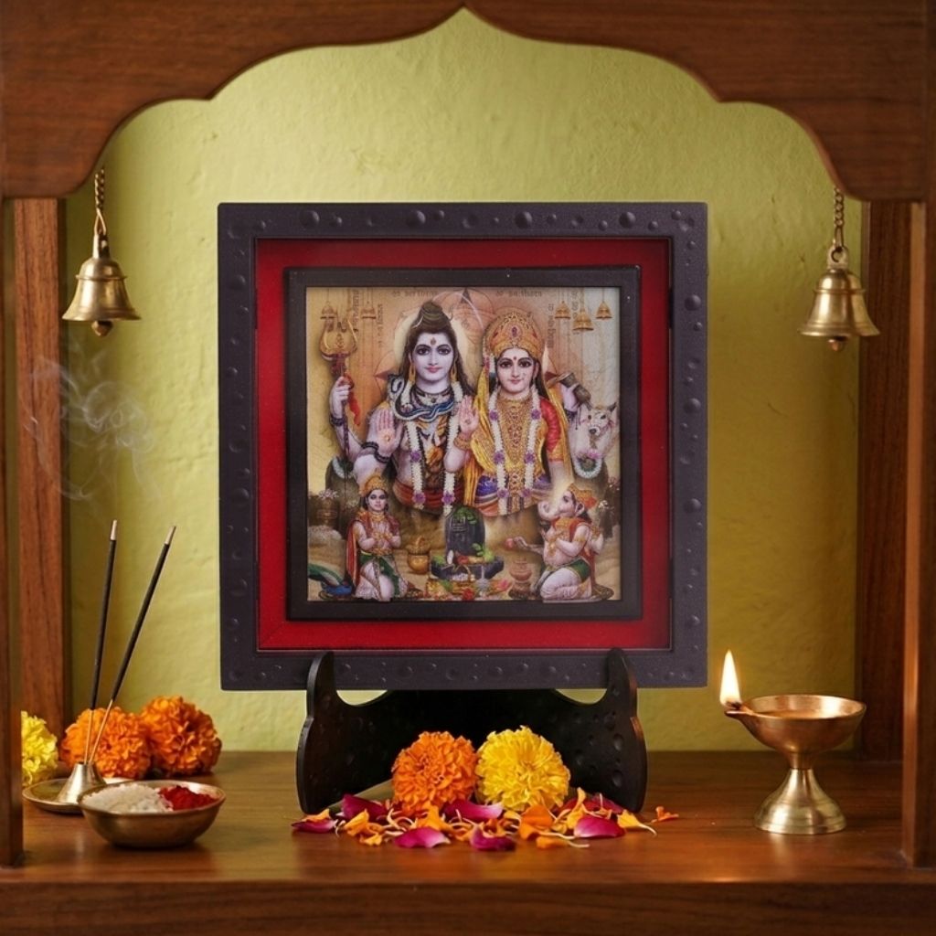 Classic 3D Shiv Parivar Ji Photo Frame with Stand for Home Decor | Mahadev Parvati Ganesh Kartikeya Divine Family Frame | Premium Deity Photo Frame for Pooja Room Temple Office Desk Decoration | Religious Spiritual Gift Item