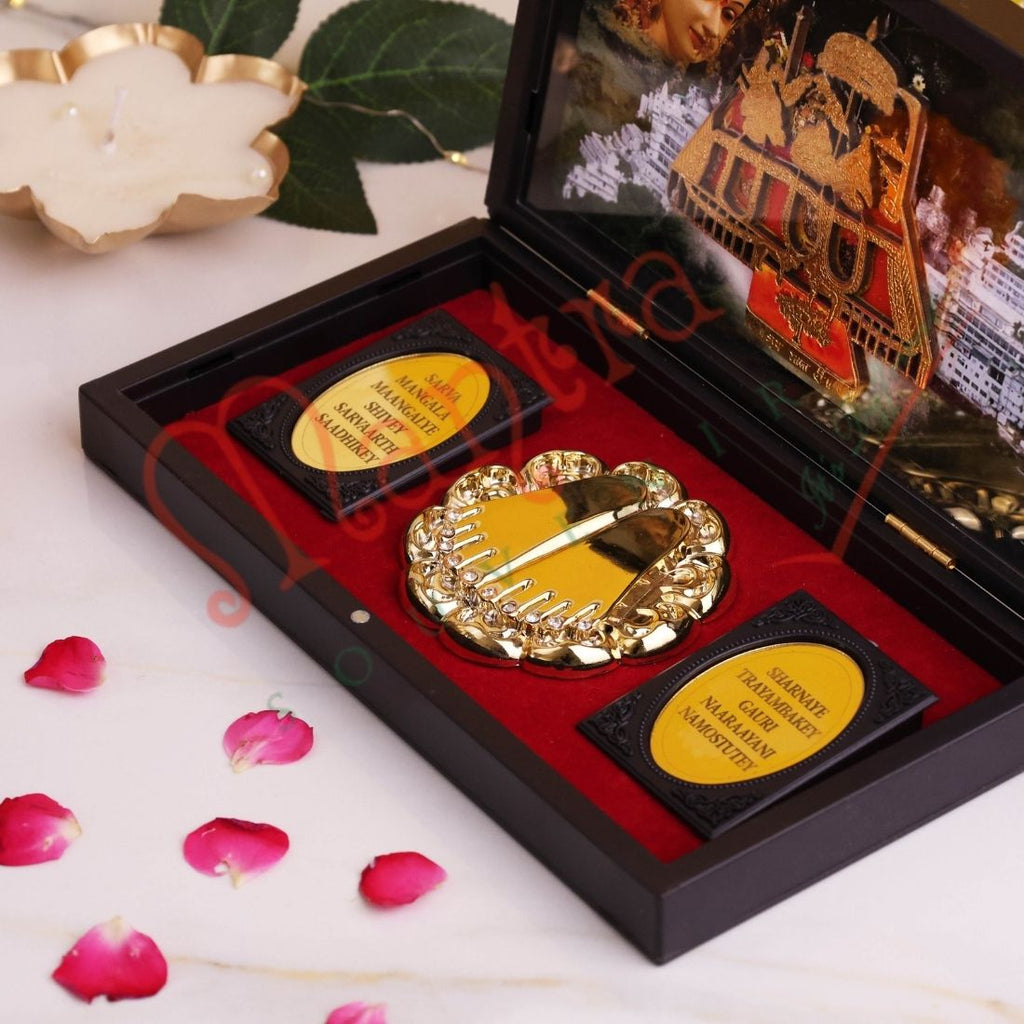 Mata Vaishno Devi 3D Darshan Charan Paduka Frame Box - Premium ABS Polymer Devotional Gift Set for Home Temple & Blessings