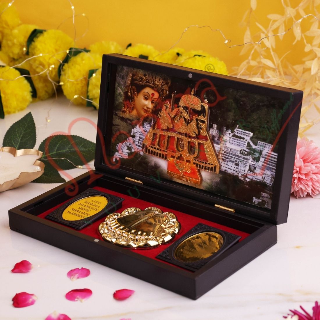 Mata Vaishno Devi 3D Darshan Charan Paduka Frame Box - Premium ABS Polymer Devotional Gift Set for Home Temple & Blessings