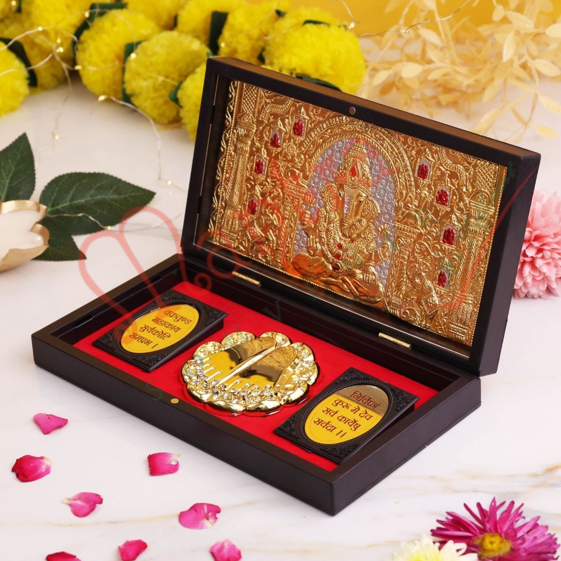 Gold Plated Lord Ganesha Charan Paduka Frame Box - Premium ABS Polymer Spiritual Gift Set for Success & Prosperity