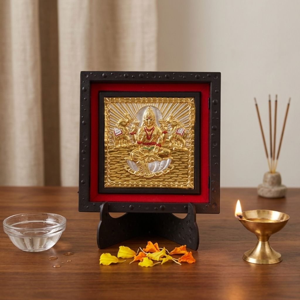Classic Gold Plated Lakshmi Maa Photo Frame with Stand for Home Decor & Pooja Room, Office Desk Diwali Gift, Vastu, Office Desk, Temple Decoration, Wealth & Prosperity Idol Frame