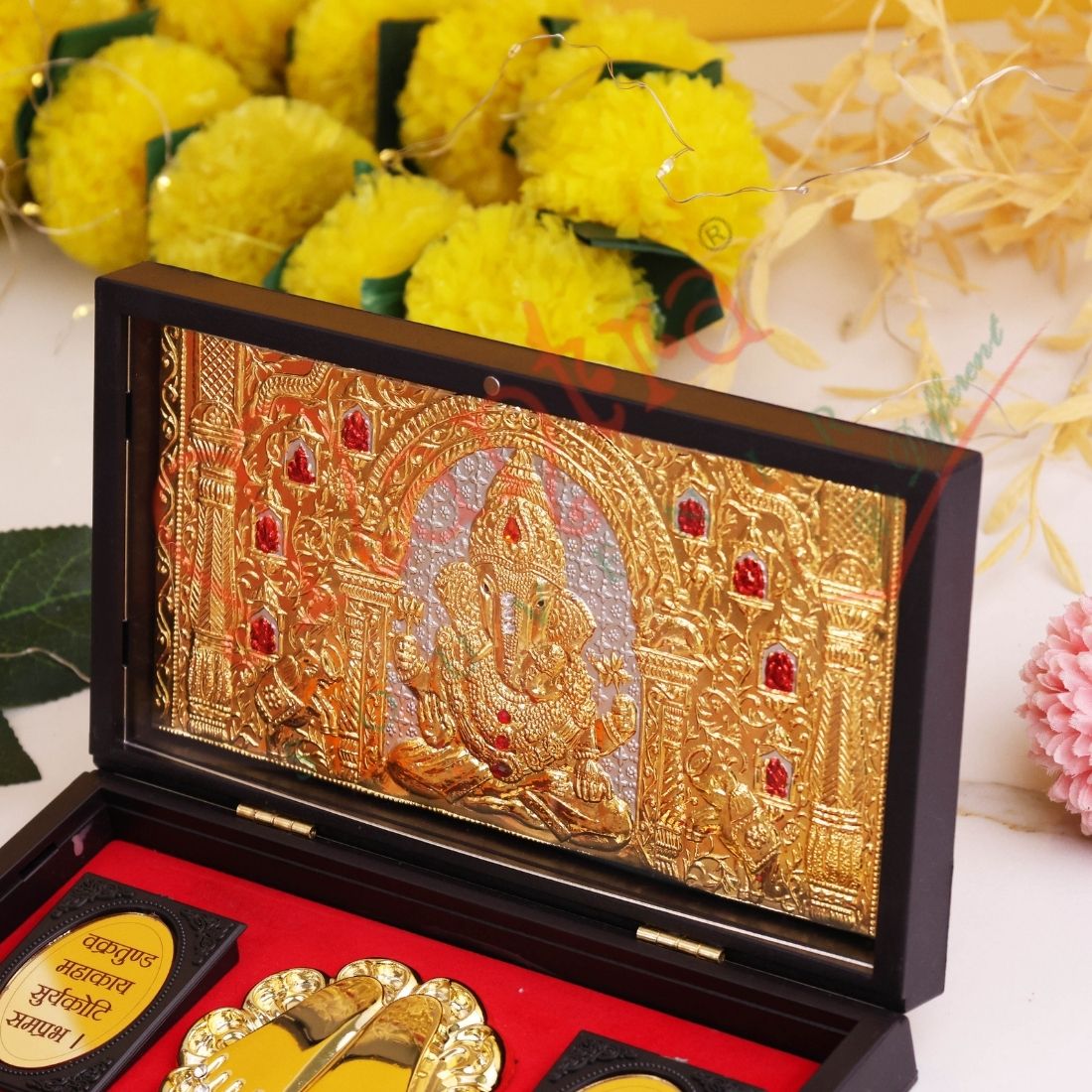 Gold Plated Lord Ganesha Charan Paduka Frame Box - Premium ABS Polymer Spiritual Gift Set for Success & Prosperity