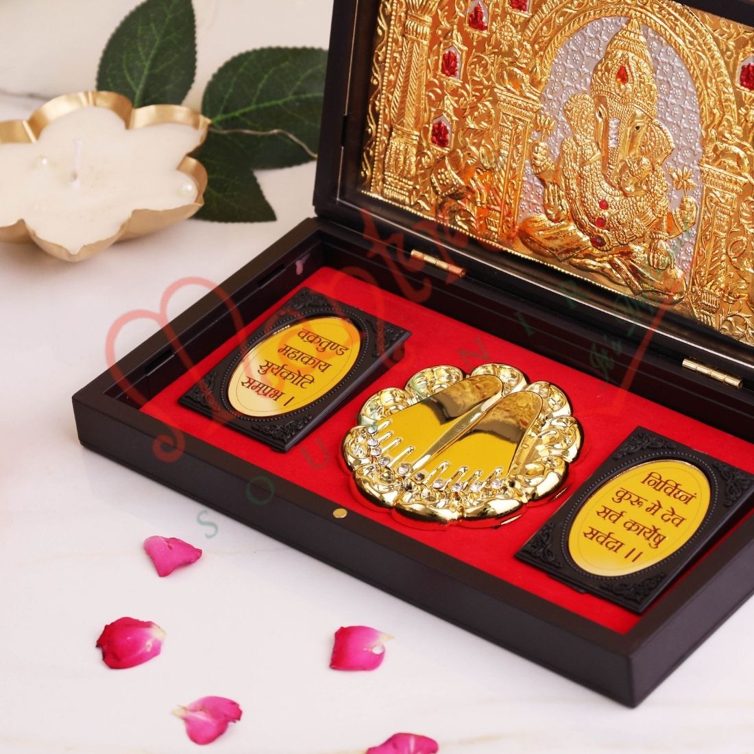 Gold Plated Lord Ganesha Charan Paduka Frame Box - Premium ABS Polymer Spiritual Gift Set for Success & Prosperity