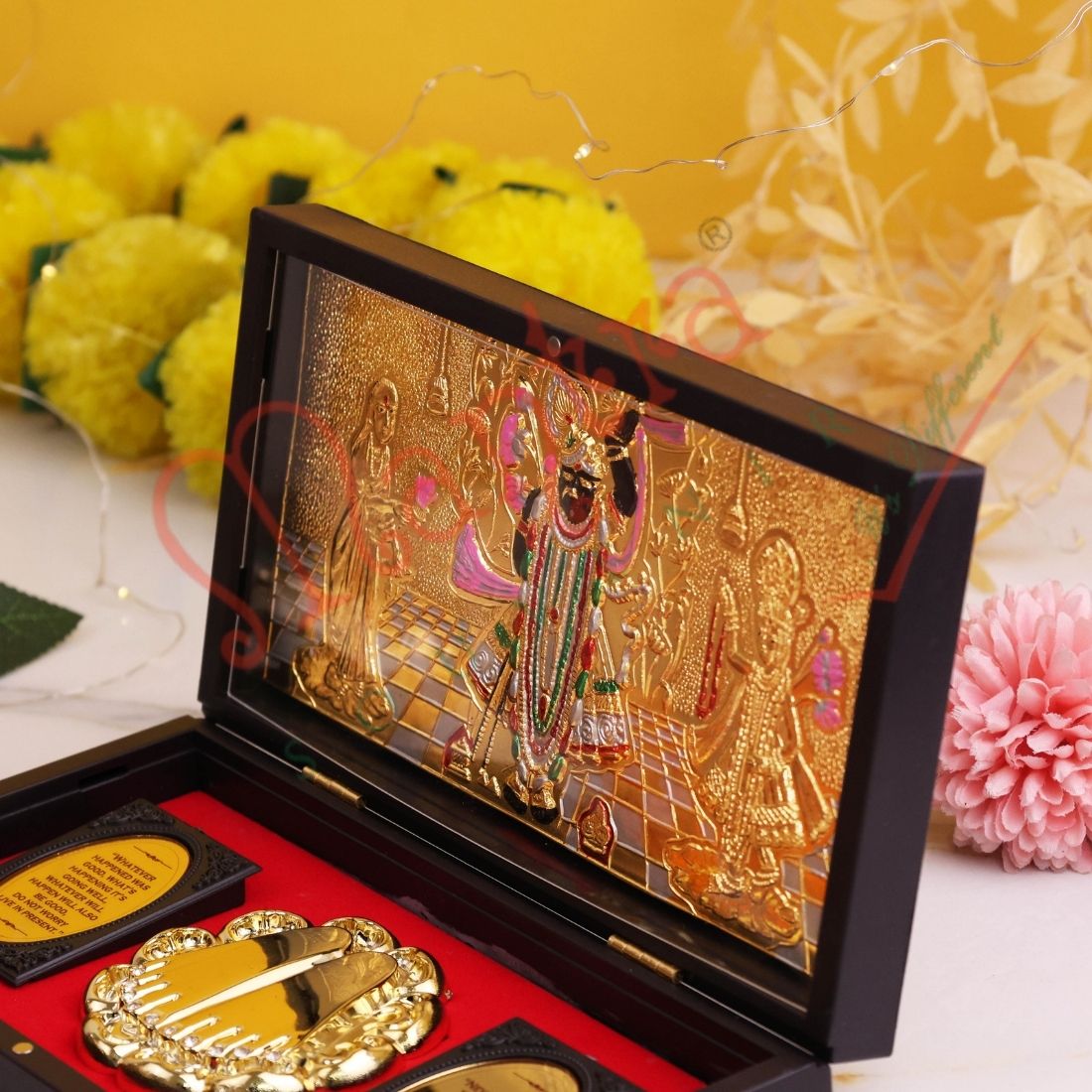Gold Plated Shrinathji Divine Charan Paduka Frame Box - Premium ABS Polymer Spiritual Decor for Pushtimarg Blessings & Prosperity