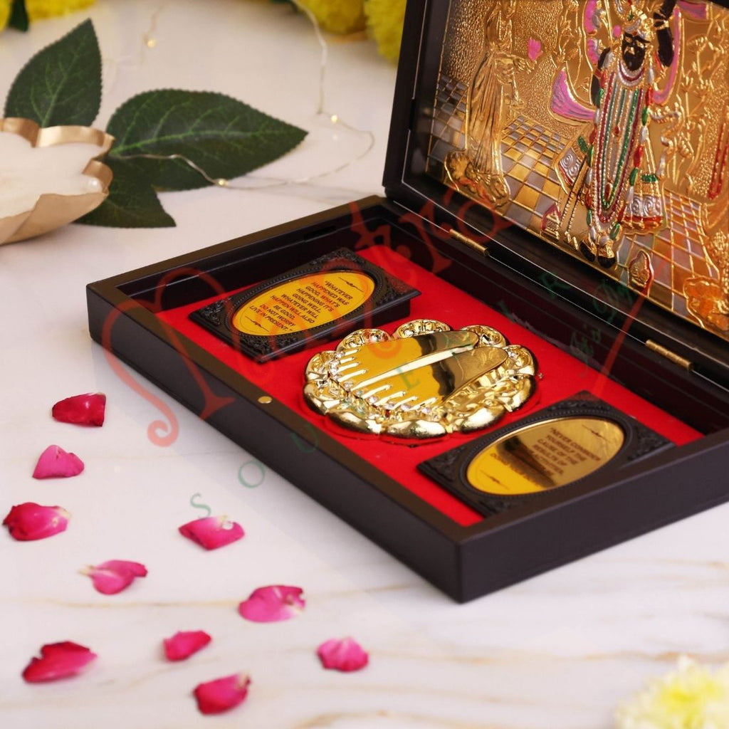 Gold Plated Shrinathji Divine Charan Paduka Frame Box - Premium ABS Polymer Spiritual Decor for Pushtimarg Blessings & Prosperity