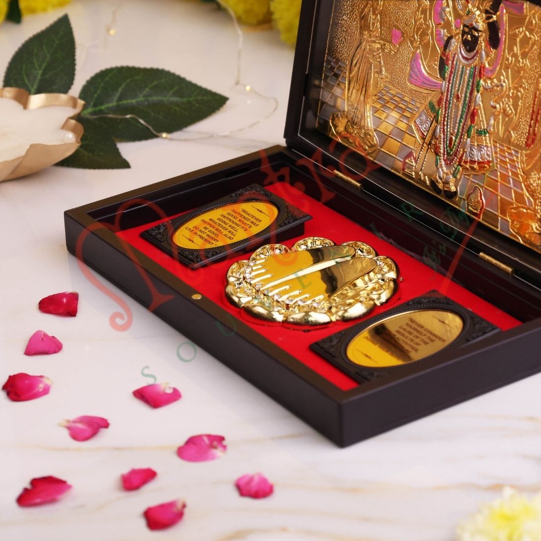 Gold Plated Shrinathji Divine Charan Paduka Frame Box - Premium ABS Polymer Spiritual Decor for Pushtimarg Blessings & Prosperity