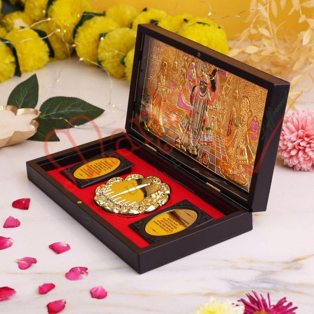 Gold Plated Shrinathji Divine Charan Paduka Frame Box - Premium ABS Polymer Spiritual Decor for Pushtimarg Blessings & Prosperity