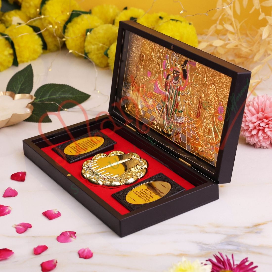 Gold Plated Shrinathji Divine Charan Paduka Frame Box - Premium ABS Polymer Spiritual Decor for Pushtimarg Blessings & Prosperity