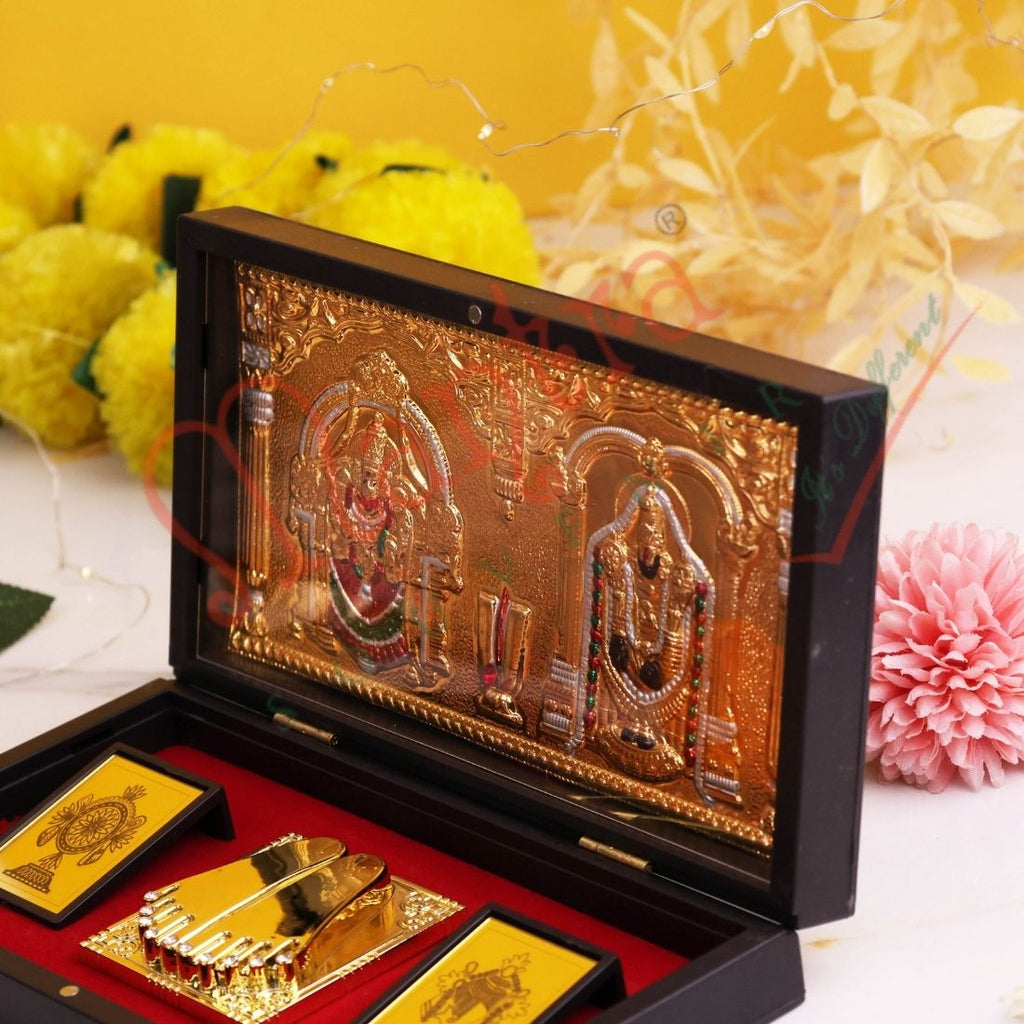 Gold Plated Tirupati Balaji & Padmavati Divine Charan Paduka Frame Box - Premium ABS Polymer Spiritual Gift Set for Wealth & Divine Blessings