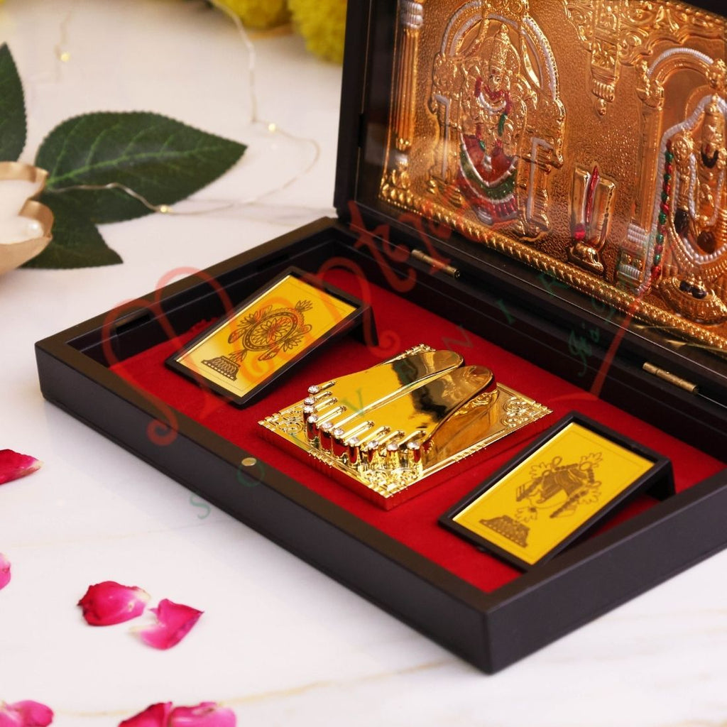 Gold Plated Tirupati Balaji & Padmavati Divine Charan Paduka Frame Box - Premium ABS Polymer Spiritual Gift Set for Wealth & Divine Blessings