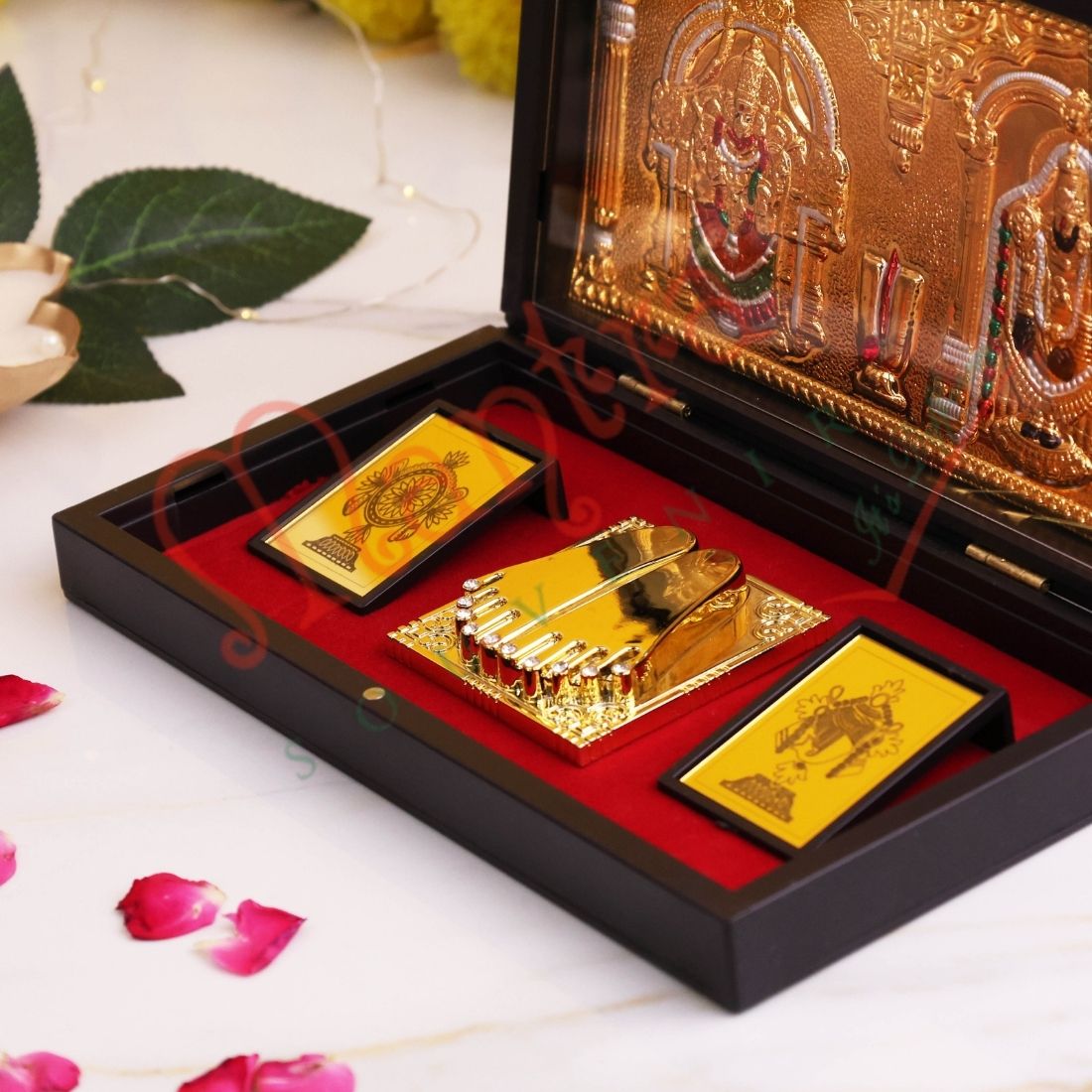 Gold Plated Tirupati Balaji & Padmavati Divine Charan Paduka Frame Box - Premium ABS Polymer Spiritual Gift Set for Wealth & Divine Blessings