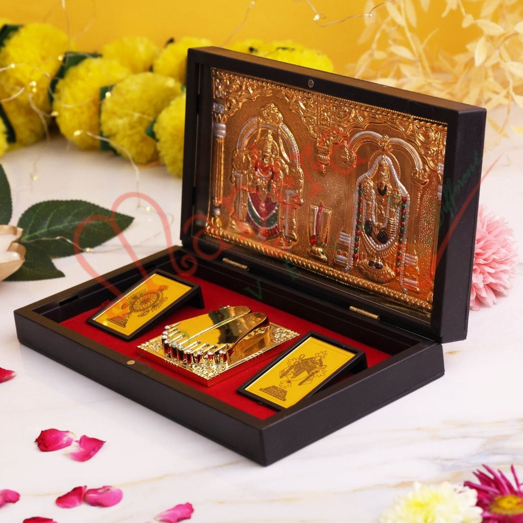 Gold Plated Tirupati Balaji & Padmavati Divine Charan Paduka Frame Box - Premium ABS Polymer Spiritual Gift Set for Wealth & Divine Blessings