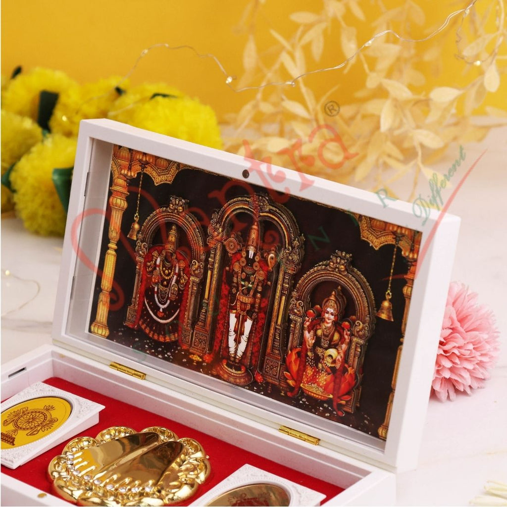 3D Lord Tirupati Balaji Charan Paduka Frame Box - Premium ABS Polymer Devotional Gift Set with Gold Plated Footprints