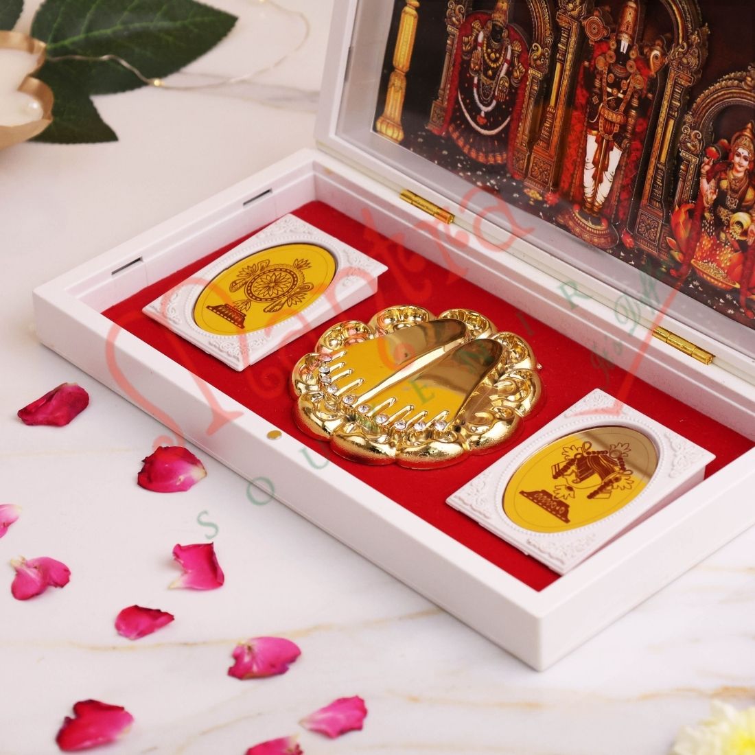3D Lord Tirupati Balaji Charan Paduka Frame Box - Premium ABS Polymer Devotional Gift Set with Gold Plated Footprints