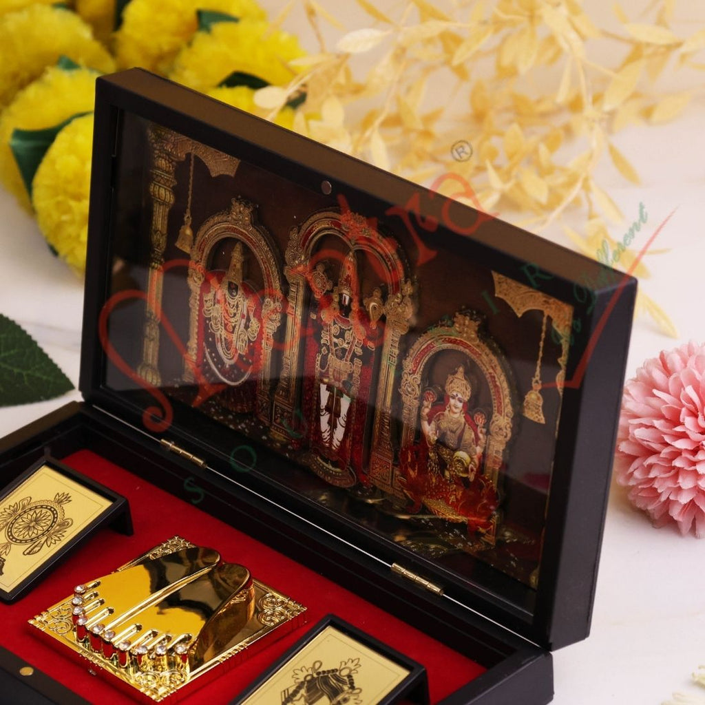 3D Lord Tirupati Balaji Darshan Charan Paduka Frame Box - Premium ABS Polymer Spiritual Gift Set with Gold Plated Footprints & Sacred Yantras
