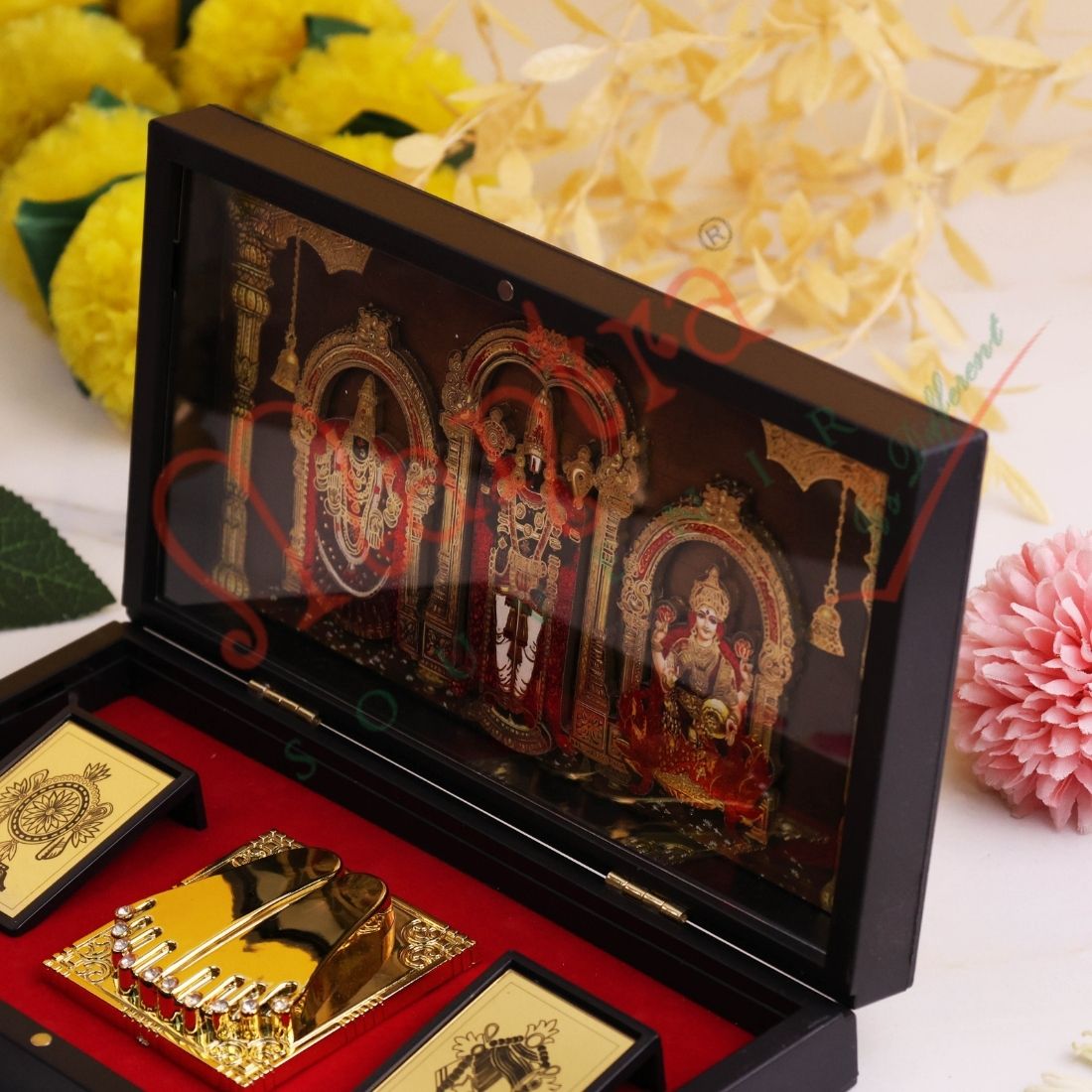 3D Lord Tirupati Balaji Darshan Charan Paduka Frame Box - Premium ABS Polymer Spiritual Gift Set with Gold Plated Footprints & Sacred Yantras