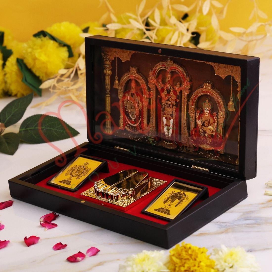 3D Lord Tirupati Balaji Darshan Charan Paduka Frame Box - Premium ABS Polymer Spiritual Gift Set with Gold Plated Footprints & Sacred Yantras